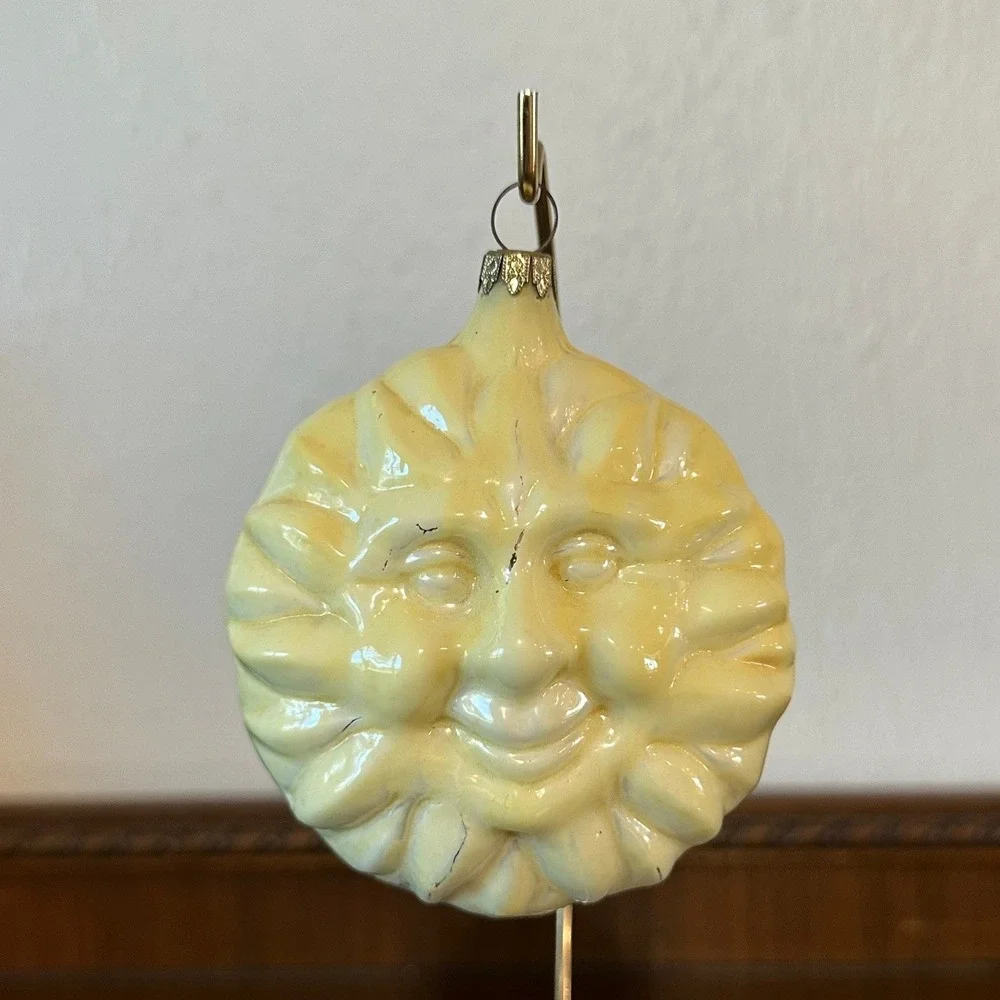 Vintage German Blown Glass Sun Face Christmas Ornament Yellow Celestial 3 Inch